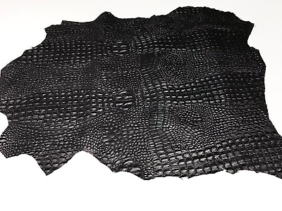 #ad BLACK ALLIGATOR CROCODILE 3D embossed on Italian lambskin leather skins 4 8sqf
