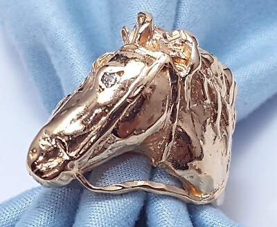 #ad Unique 14K Solid Yellow Gold Designer Horses Head Diamond Mens Ring Size 11.75