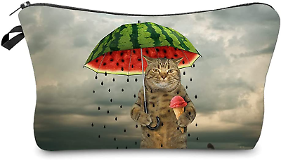 #ad Cosmetic Bags for Women Small Funny Cat Holding Watermelon Umbrella Ice Cream Ma