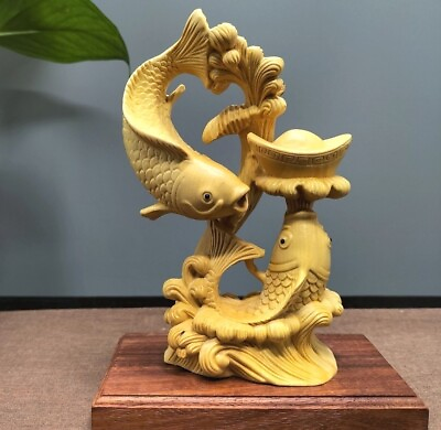 #ad Boxwood Carved Chinese Carp Fish Statue Feng Shui Wealth Decor
