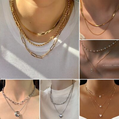 #ad Multilayer Stainless Steel Punk Heart Pendant Necklace Collar Chain Women Gift