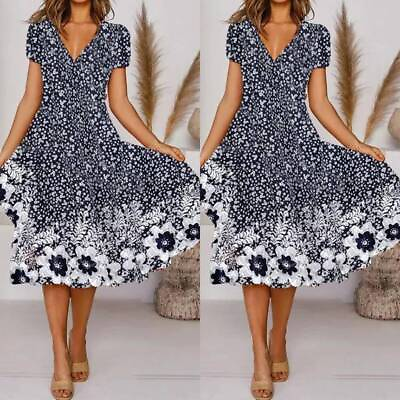 #ad ⭐⭐⭐⭐⭐Womens Floral Print V Neck Swing Dresses Summer Short Sleeve Beach Sundress