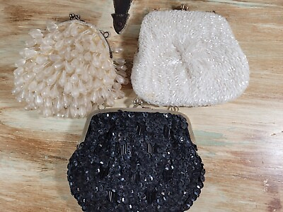 #ad 3 Vintage Beaded Evening Bags Kiss Lock Metal Frame ALL MISSING CHAIN STRAP