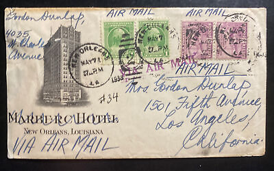 #ad 1933 New Orleans LA USA Airmail Cover To Los Angeles CA Marber Hotel