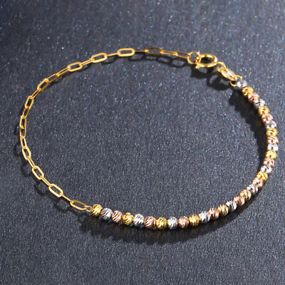 #ad Pure 18K Multi tone Gold Carved Beads with Long Cable Rolo Chain Link Bracelet