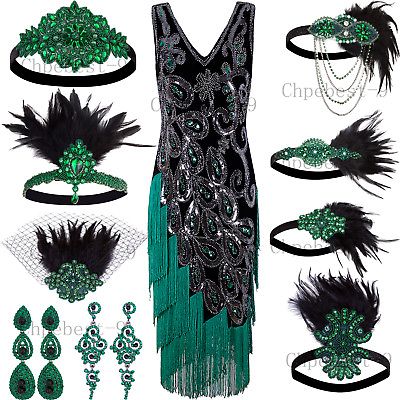 Green Peacock Style 1920s Flapper Dresses Vintage Fringe Party Cocktail Costumes