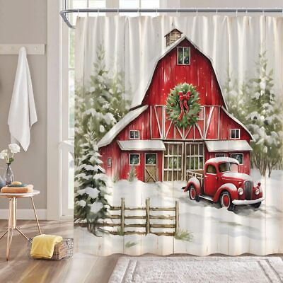 #ad Farmhouse Christmas Shower Curtain Red Retro Truck Farm Barn Pine Tree Forest...