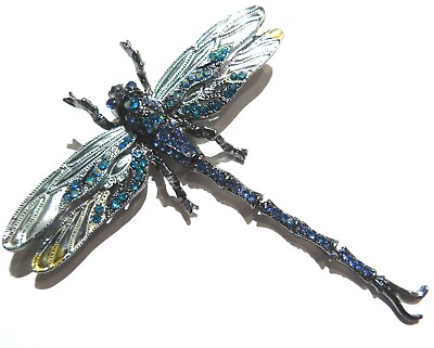#ad CRYSTAL DRAGONFLY convertible Pendant or Brooch gunmetal blue insect bug pin 4W