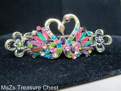 #ad Dual Swan in Heart Shape Double Claw Barrette w Crystals ** New w Gift Pouch **