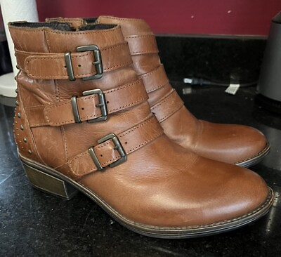 #ad ERIC MICHAEL Boots Utah Brown Zip Leather Studs Buckles Moto Booties Sz 41 9 10
