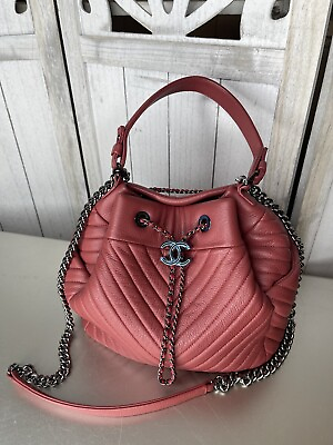 #ad New Chanel CC Chain Drawstring Bucket Bag Chevron Small Quilted Red