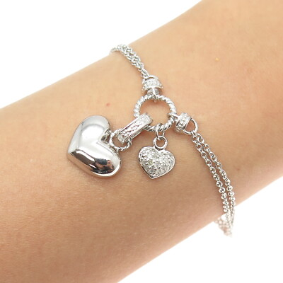 #ad 925 Sterling Silver Real Round Cut Diamond Heart Charm Double Link Bracelet 7.5quot;