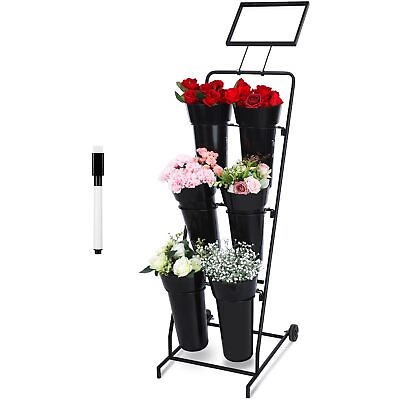 #ad Black Flower Display Stand With Sign Frame And 6 Plastic Floral Vases 59x20x16quot;