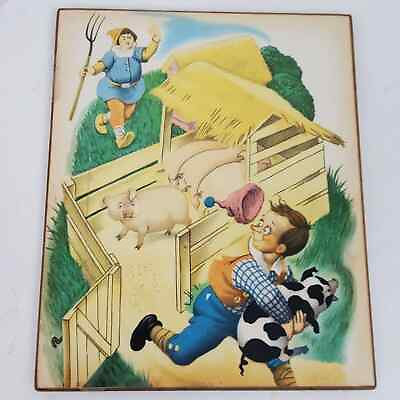 #ad Vintage 1960s Nursery Rhyme Folk ART Print Laminated on Board 9.5x8 Inch #01