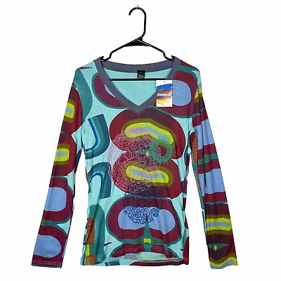 #ad Desigual Shirt L Womens Top Multicolor Block Print Embroidered Hippie Bohemian