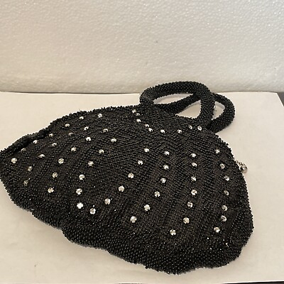 #ad Vintage Czechoslovakian made Black Beaded Handbag Zip Close