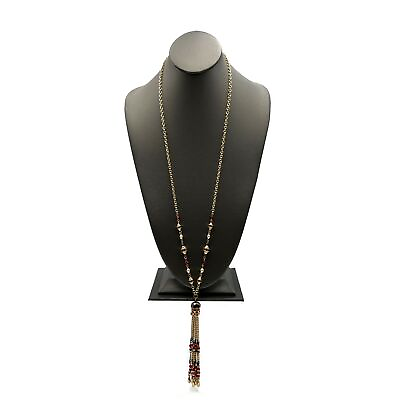 #ad Gold Tone Red Brown Glass Bead And Rhinestone Chain Tassel Fashion Necklace
