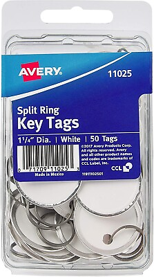 #ad AVERY Metal Rim Key Tags 1.25quot; Diameter Tag Metal Split Ring 50 Tags White