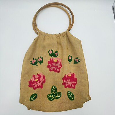 #ad Crewel Tote w Bamboo Handles Embroidered Purse Handbag READ Vintage