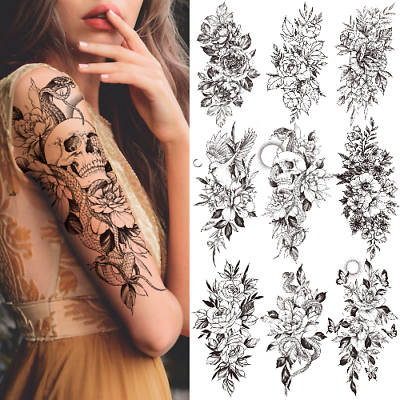 #ad Death Skull Flower Temporary Tattoo For Women Girls Snake Peony Tattoo Sticker