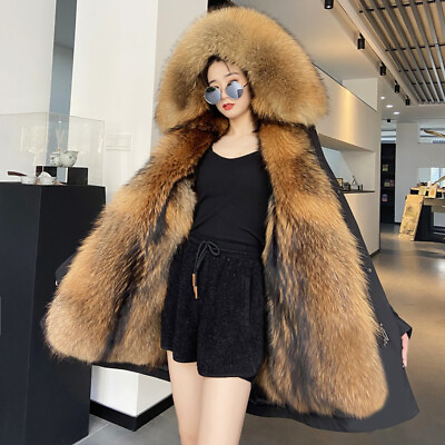 #ad 2022 Women Warm Large Faux Raccoon Fur Collar Parka Hooded Liner Winter Jackets