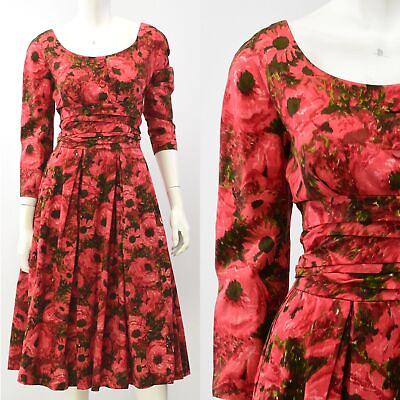 #ad 50s Vintage Womens XS Red Floral Empire Waist Dress Scoop Neck Full Skirt