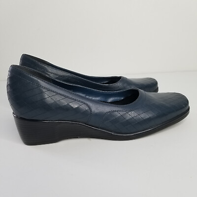#ad Andiamo Blue Leather Diamond Pattern Round Toe Wedge Heels Women#x27;s Size 8.5W