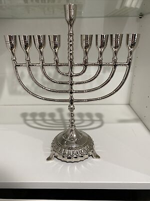 #ad Hanukkah Menorah for candles or oil. Nickel plated. 12quot; tall
