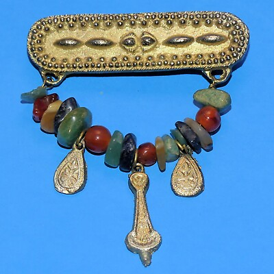 #ad Vintage Brooch Pin Gemstone Rocks Beads Dangle Charms Textured Gold Tone