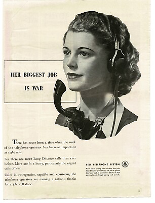 #ad 1944 Bell Telephone Operator Biggest Job Is War WWII Vintage Print Ad