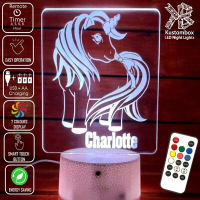 #ad UNICORN 3D PERSONALISED NAME CHILDREN’S LED NIGHT LIGHT 7 COLOURS REMOTE