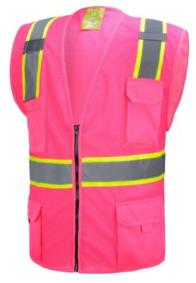 #ad Pink Two Tones Safety Vest With Multi Pocket Tool