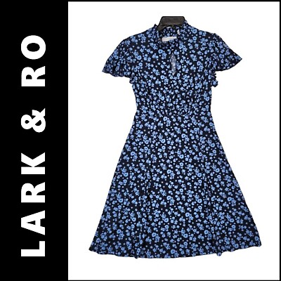 #ad Lark amp; Ro Blue Dress Size 10 Women Short Sleeve Floral Fit amp; Flare