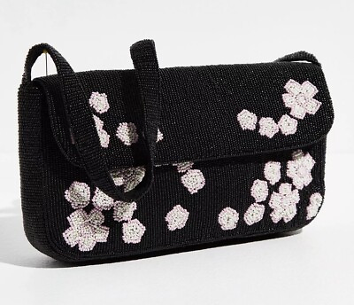 #ad Free People Magic Moment Black Pink Flower Beaded Baguette Shoulder Bag NWOT $60