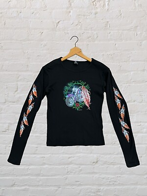 #ad Y2K Motorcycle Native American Feather Long Sleeve T shirt Womens Choice Apparel