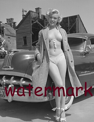 #ad ICONIC MARILYN MONROE IN BIKINI STANDING IN FRONT OF CAR PUBLICITY PHOTO 8X10