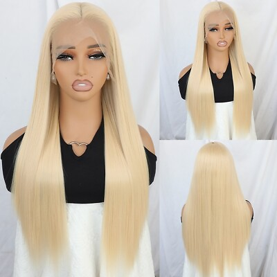 #ad Women Long Straight Synthetic Lace Front Wigs Heat Resistant Blonde Wig Natural