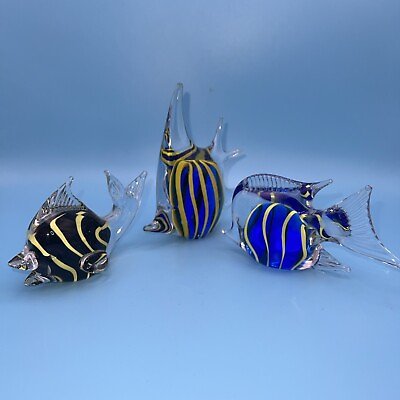 #ad 3 Blown Art Glass Fish Paperweight Figurine Blue Black Yellow Stripes