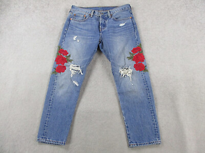 #ad Levis 501 Jeans Womens 27 Blue Red Denim Floral Embroidered Rose Distressed