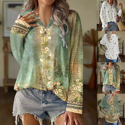 #ad Women Boho Floral Tunic Tops Ladies Long Sleeve Loose Casual T Shirt Blouse Size