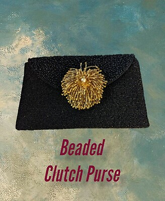 #ad *NEW* Black Beaded Clutch Evening Bag Gold Pearl Flower Wristlet quot;About Colorquot;