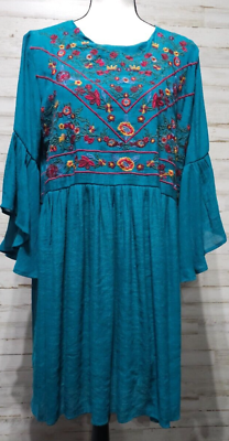 #ad Umgee USA 1X Boho Dress Floral Embroidered and Lined Bell Sleeve Tunic Green