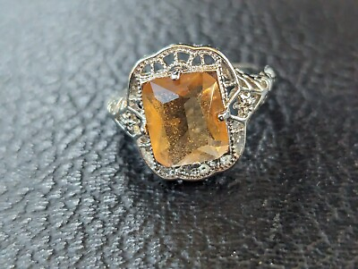 #ad Large Sterling Silver 925 Faceted Citrine Filigree Cocktail Ring Sz 10.25 A2