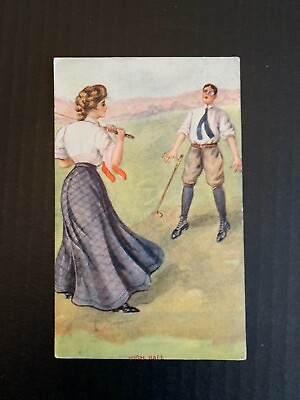 #ad 1910 High Ball Man and Woman Golfer Art Postcard