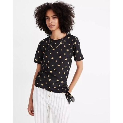 #ad Madewell Black Voile Side Tie French Daisies Short Sleeve Top XXL