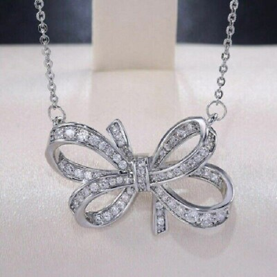 #ad 1 Ct Round Cut Simulated Diamond Bow Knot Pendant 14K White Gold Plated W Chain