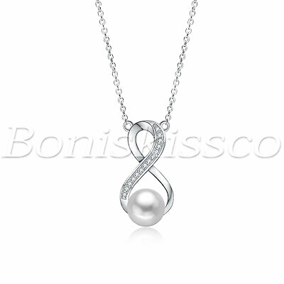 #ad 925 Sterling Silver Pearl Infinity Womens Pendant Necklace Valentine#x27;s Day Gift