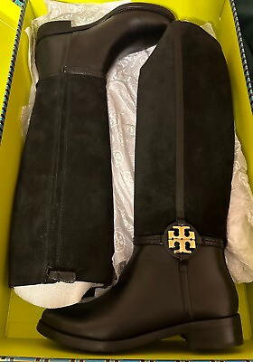 #ad Tory Burch Black Miller 25mm Boot Calf Leather Nat Suede Size 7