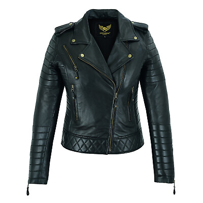 #ad Ladies Women Leather Jacket Real Leather Diamond Biker Style Short Slim Fit