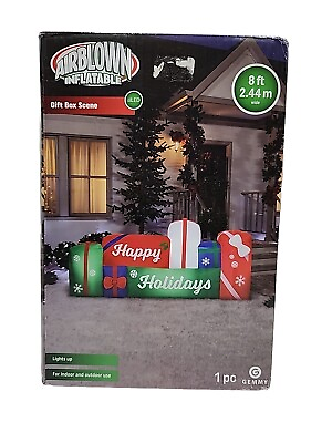 #ad 8#x27; Gemmy Happy Holidays Gift Box Scene Airblown Lights Christmas Inflatable